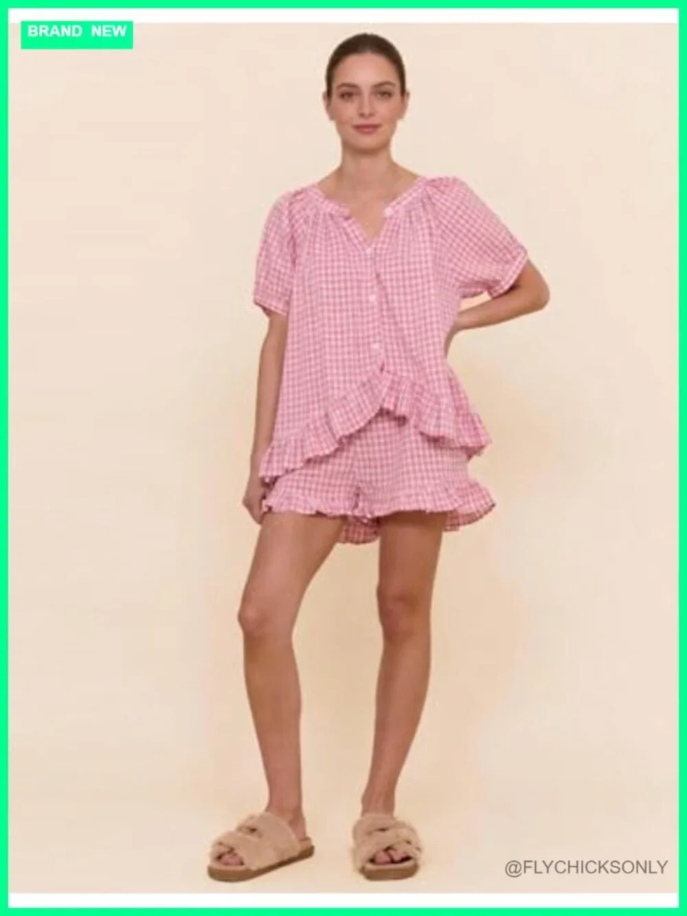 Women's Cotton Gingham Pajama Set - Button Down Top & ruffle Shorts